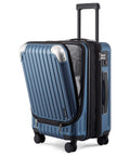 Blue Grace Expandable 20 Inch Carry On Hard Shell Luggage with front laptop compartment open, showing durable spinner wheels.