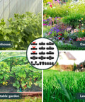 Collage showing greenhouse, garden, vegetable garden, and lawn with 20 Piece Half Inch Drip Irrigation Fittings Kit For DIY Watering System