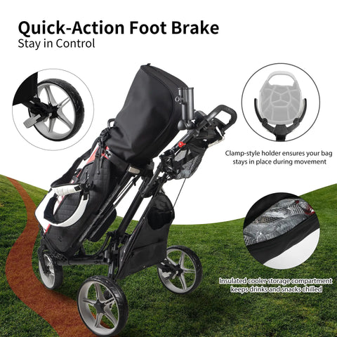 Lightweight Three Wheel Golf Push Cart With No Sweat Fold Design And Rolls Smooth Front Wheel includes quick-action foot brake and cooler storage.
