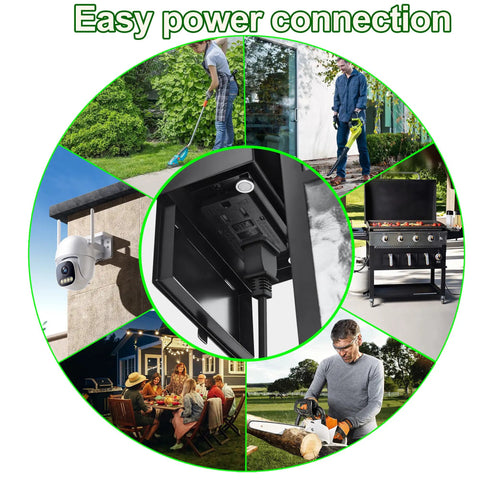 Outdoor Wall Light With GFCI Outlet And Remote, showing power connections for garden tools, BBQ, outdoor camera, and more.