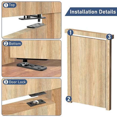 Installation diagram of 570 Lb Hidden Door Pivot Hinge Kit For Heavy Doors with top, bottom, and lock details