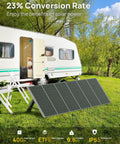 Top Shelf Portable Power Station Featuring 2048 Wh Heavy Duty Battery Bank And 3000 W Instant Output Tied To A Snappy 400 W Solar Panel For Weekend Adventures solar panel in outdoor setting near RV