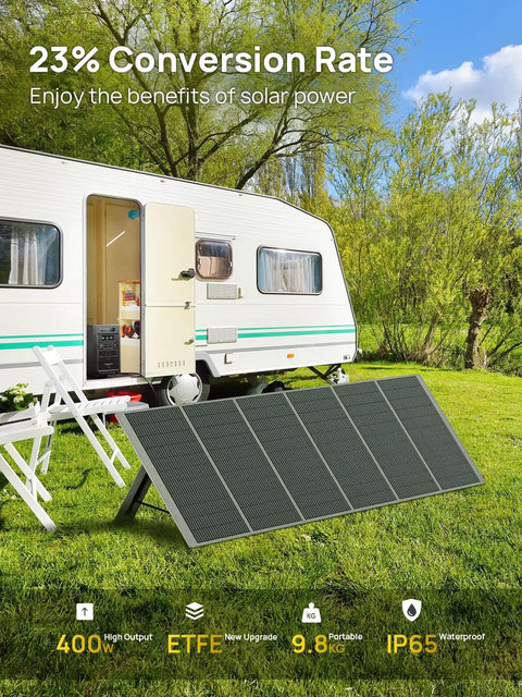 Top Shelf Portable Power Station Featuring 2048 Wh Heavy Duty Battery Bank And 3000 W Instant Output Tied To A Snappy 400 W Solar Panel For Weekend Adventures solar panel in outdoor setting near RV