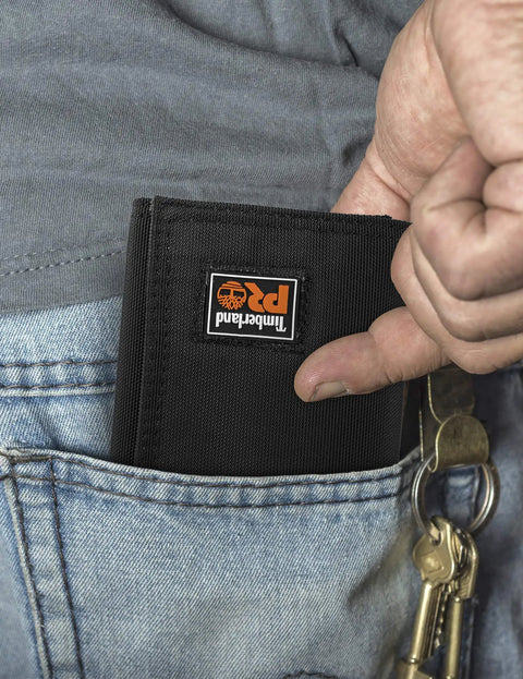 Cordura Nylon RFID Trifold Wallet With ID Window Black 13 Card Pockets Large Cash Billfold RFID Blocking Tech in jean pocket