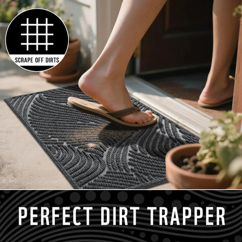 Person stepping on All Weather Outdoor Doormat With Simple Stripes Waterproof Non Slip Heavy Duty Front Door Mat For Indoor Garage And Patio Dark Grey 29 By 17 Inches Now