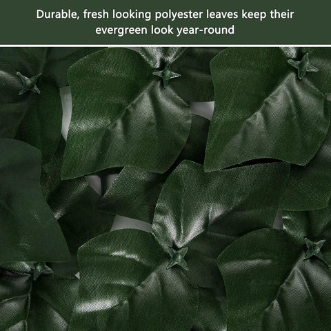 Close-up of Faux Ivy Privacy Fence Screening Expandable Outdoor Greenery Roll with realistic polyester leaves.