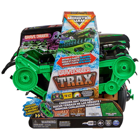 Grave Digger Trax All Terrain Remote Control Vehicle packaging with tank treads for outdoor play, Monster Jam style truck