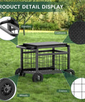 All-In-One Rolling Garden Stool With Wheels, Heavy Duty Outdoor Cart For Yard And Patio, 4-in-1 Work Seat And Wagon, Black, metal frame, wheels