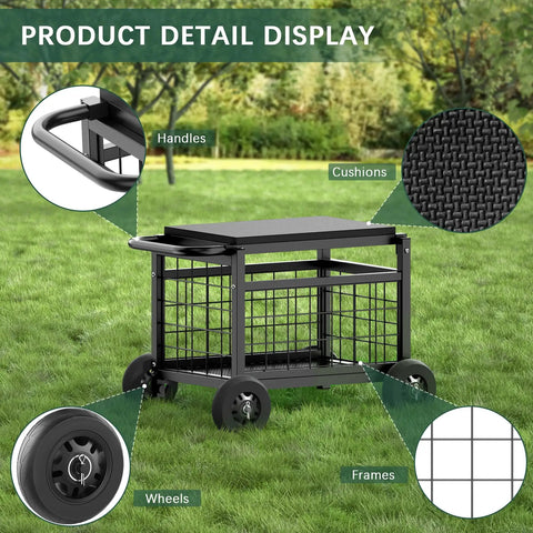 All-In-One Rolling Garden Stool With Wheels, Heavy Duty Outdoor Cart For Yard And Patio, 4-in-1 Work Seat And Wagon, Black, metal frame, wheels