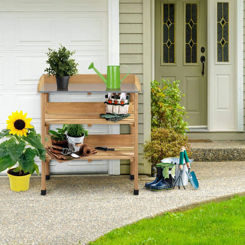 Outdoor Garden Potting Bench With Metal Top Storage Shelf And Three Hooks Durable Fir Wood Workstation For Planting