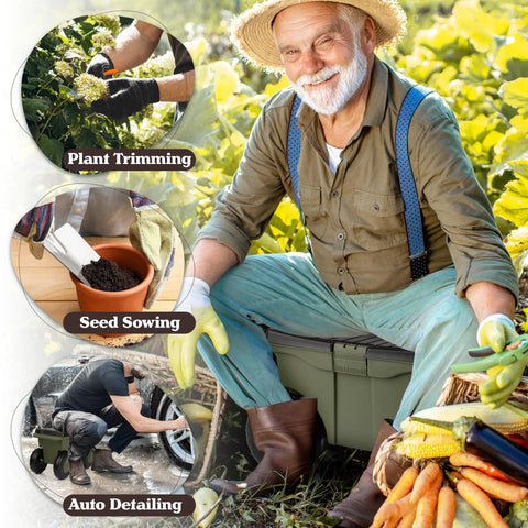 Man sitting on Rolling Garden Cart With Seat For Planting And Weeding Plastic Storage Bench and Interior Tool Tray, garden in background