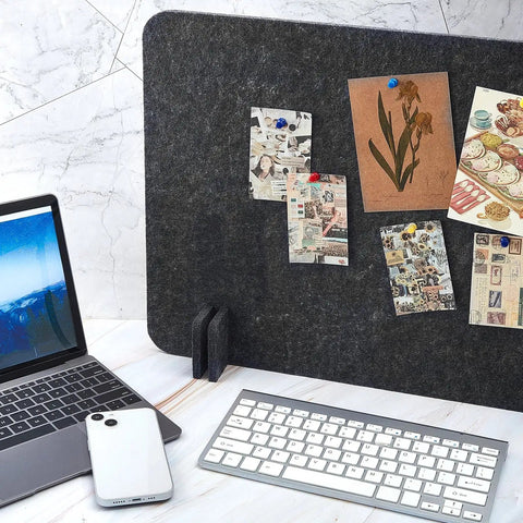10 Pack Freestanding Desk Dividers with Sturdy Feet, 16 X 24 Inch Privacy Panels, felt partition displaying notes.