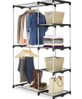 Double Rod Freestanding Closet Organizer With Five Shelves In Silver Steel Rack For Clothes, Shoes, And Accessories.