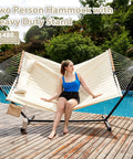 Heavy Duty Two Person Hammock With Portable Steel Stand For Outdoor Patio Easy Setup Double Layer Quilted Polyester Fabric With Laidback Detachable Pillow 480 Pound Capacity Off White