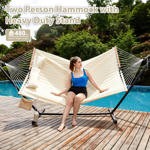Heavy Duty Two Person Hammock With Portable Steel Stand For Outdoor Patio Easy Setup Double Layer Quilted Polyester Fabric With Laidback Detachable Pillow 480 Pound Capacity Off White