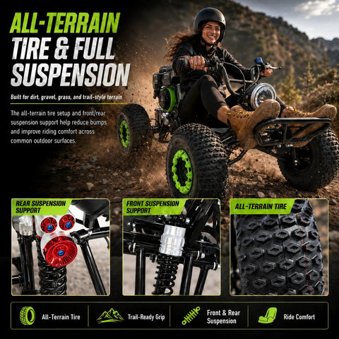 Super Slick 212cc Gas Powered Off-Road Go Kart For Teens And Adults That Hits 35 MPH with all-terrain tires and suspension.