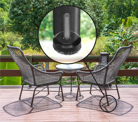 Close-up of Heavy Duty Adjustable Furniture Levelers for Indoor and Outdoor Use, screw-in leg glides for chairs on deck.