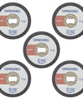 Five EZ Lock Rotary Tool Cut Off Wheels For Plastic One And One Half Inch 5 Pack Screwless Quick Change Set displayed front view