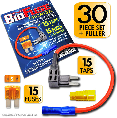 BioFuse 16 AWG Micro2 ATR Fuse Tap Kit With 30 Pc Automotive Car Fuses And Holders Includes Fifteen 5A Add Circuit Blade Fuses Plus Puller, set includes wires and fuses.