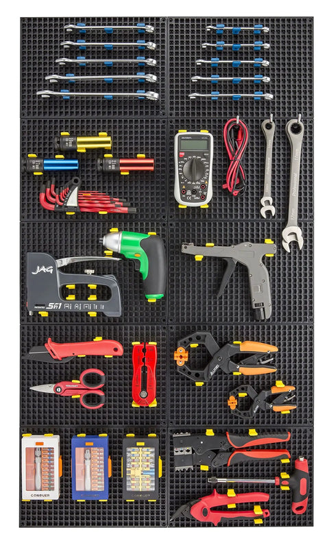 68 Piece Large Pegboard Tool Organizer Set for Tool Chest, Cart, Cabinet, and Workbench Storage Black with tools displayed