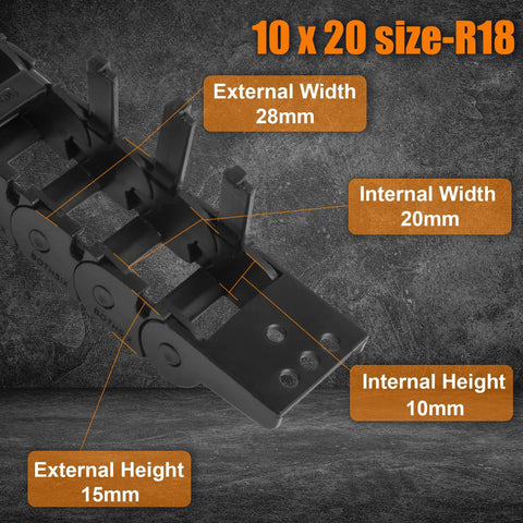 Drag Chain Cable Carrier 10x20mm Inner Height And Width R18 Bridge Type Openable Outer Side Black PA66 Nylon for 3D Printer