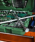 Heavy Duty Four Way Universal Cross Lug Wrench Tire Iron 14 Inch Long forged carbon steel tools on a green toolbox.