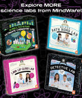 Four MindWare science lab kits, including chemistry, bath bomb, lip gloss, and detective labs, on a black background.