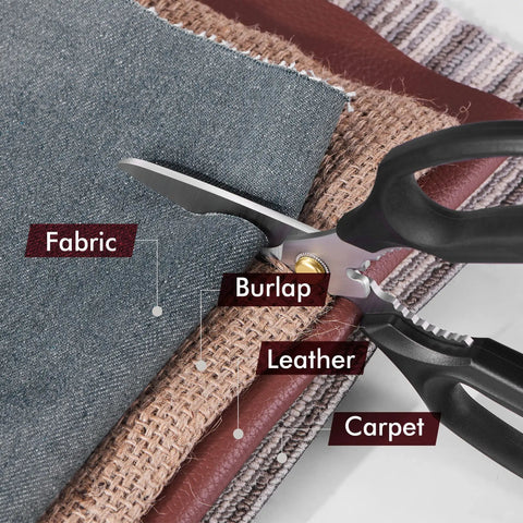 Heavy Duty Multipurpose Scissors For Home And Workshop Cut Leather Cardboard Carpet Plastic Rope Meat Poultry Bones Kitchen Shears For DIY Garden Garage Projects Designed For Tough Daily Use By Pros And DIY Folks And Home Makers cutting fabric, burlap and leather