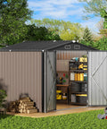 Rugged Metal Storage Shed With Sloping Roof For Backyard And Patio, Outdoor Steel Utility And Tool Shed, open with tools inside