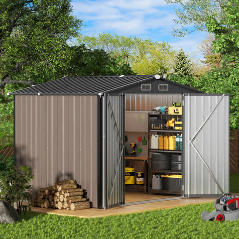 Rugged Metal Storage Shed With Sloping Roof For Backyard And Patio, Outdoor Steel Utility And Tool Shed, open with tools inside
