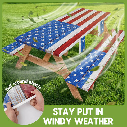 Waterproof Picnic Table And Bench Cover Set For Outdoor Camping Fits 72 Inch Tables And 72 Inch Benches American Flag Pattern on wooden table