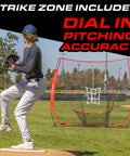 Player pitching towards 7 Ft X 7 Ft Baseball And Softball Practice Net With Bow Frame Carry Bag And Strike Zone Backyard Hitting Pitching Fielding Training For All Skill Levels Easy Setup In 90 Seconds on a field