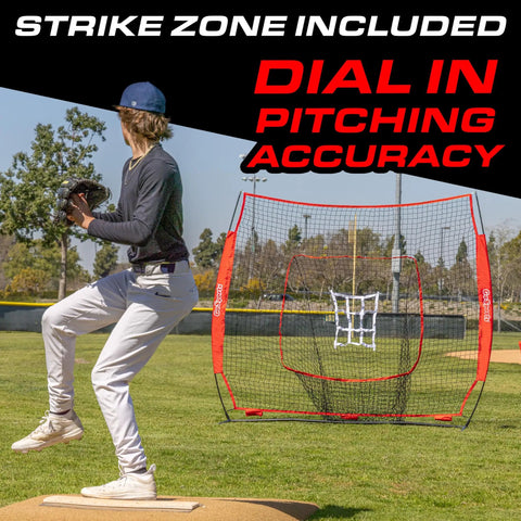 Player pitching towards 7 Ft X 7 Ft Baseball And Softball Practice Net With Bow Frame Carry Bag And Strike Zone Backyard Hitting Pitching Fielding Training For All Skill Levels Easy Setup In 90 Seconds on a field