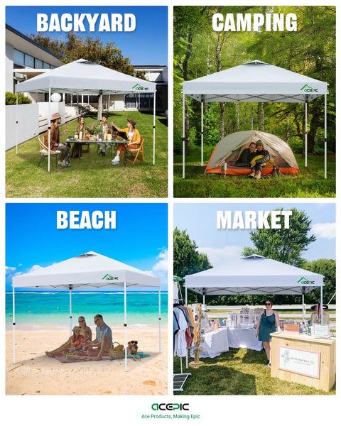 10x10 Pop Up Canopy Tent With One Push Instant Setup, Vented Top providing shade for backyard, camping, beach, and market setups.