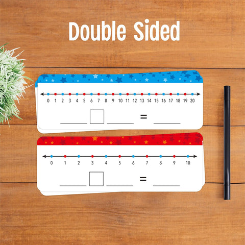 26 Pack Number Line Dry Erase Boards Cards Double Sided Writable And Erasable Whiteboards 0 To 10 On One Side 0 To 20 On The Other Side For Kids Students Classroom And Home 12 By 4 Inches Fun Hands On Math Learning, showing front and back design with marker