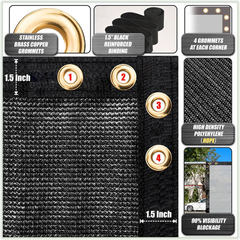 5 Foot By 50 Foot Black Fence Privacy Screen Windscreen Cover Netting Tarp Shade Cloth For Outdoor Use Commercial Grade 170 GSM Virgin HDPE UV Stabilized, showing brass grommets and reinforced binding