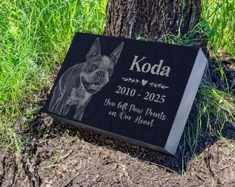 Personalized Pet Memorial Stone With Photo For Dogs And Cats Custom Headstone And Garden Marker With Image For Remembrance Engraved Puppy And Kitten Memorial Plaque For Cremation, displaying an engraved dog on black granite in a garden setting.