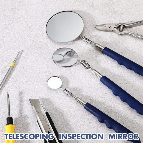 Three Piece Telescoping Inspection Mirrors Set, Pro Grade Stainless Steel Extendable Mechanic Mirrors With Long Handles For Techs, Mechanics, Contractors, Blue