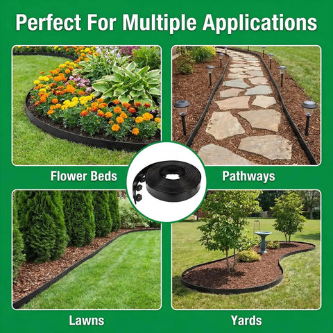 No Dig Landscape Edging Kit 40 Ft By 2 In Flexible Black Lawn Border used in flower beds, pathways, lawns, and yards