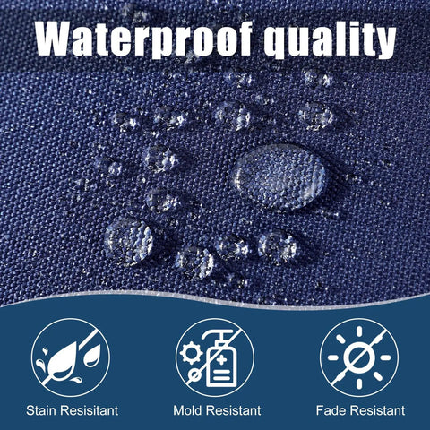 Close-up of navy blue waterproof fabric with water droplets showcasing quality of Navy Blue Outdoor Ottoman Cushions 2 Pack 23 Inch By 19 Inch By 3 Inch Waterproof Fade Resistant Removable Patio Cushions With Adjustable Straps For Stools So You Can Kick Back In Comfort