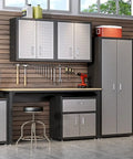Fortress Mobile Garage Storage Cabinet On Wheels With Full Extension Drawer And Adjustable Shelves In Durable Stainless Steel in a garage setting with tools.
