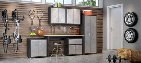 Fortress Mobile Garage Storage Cabinet On Wheels With Full Extension Drawer And Adjustable Shelves In Durable Stainless Steel in a garage setting with tools.