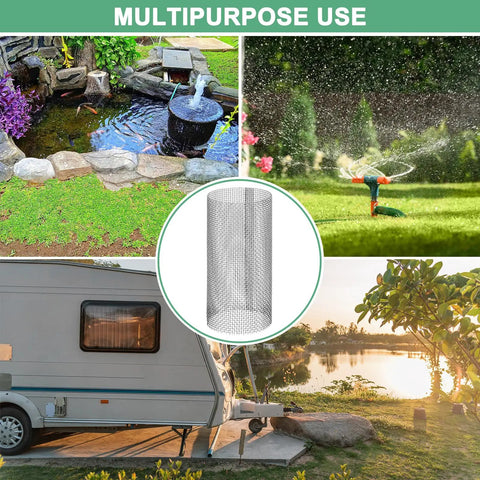 2 Pack 20 Mesh Stainless Steel Filter Screens For Inline Water Filters And Pumps Reusable Sediment Strainer Replacement displayed outdoors with garden hose and RV