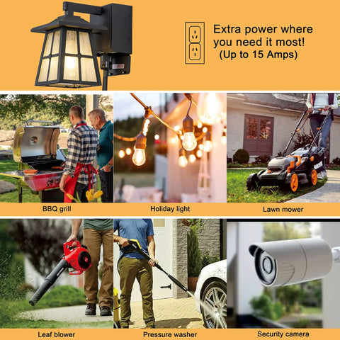 Porch Light With Built In Outlet GFCI No Fuss Outdoor Wall Sconce Lantern With Dual Outlets Seeded Glass Aluminum Exterior Fixture For Patio And Garage Weatherproof Power Access used for BBQ grill, holiday lighting, lawn mower, leaf blower, pressure washer, and security camera.