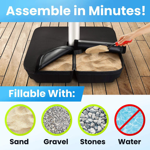 BaseMate 4 Piece EVA Umbrella Base Weights Up To 200 Lb filling with sand next to graphic showing sand, gravel, stones options