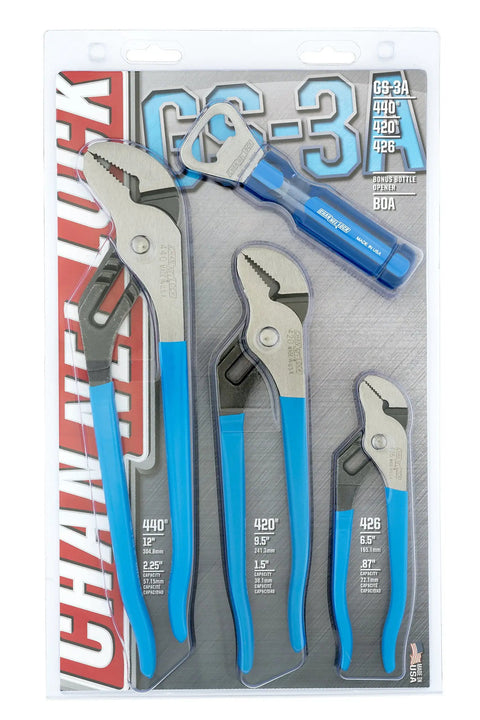 GS-3A Tongue and Groove Pliers Set With Acetate Handle and Bottle Opener For Tough As Nails Grip shown in packaging