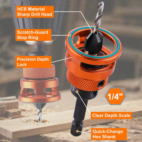 Close-up of the Sweet Shop Essential Countersink Drill Bit Set with magnetic holder, showing the precision depth lock and 1/4" shank.