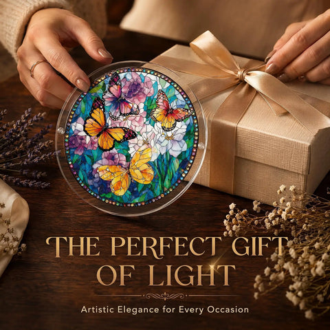 Hands holding 83 Piece Acrylic Suncatcher Puzzle Kit With Forget Me Not Pattern For Doors Windows And Garden next to gift box.