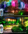 Christmas RGBW Landscape Spotlight 12W outdoor color lights showcasing individual and group control with remote in garden setting