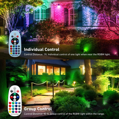 Christmas RGBW Landscape Spotlight 12W outdoor color lights showcasing individual and group control with remote in garden setting
